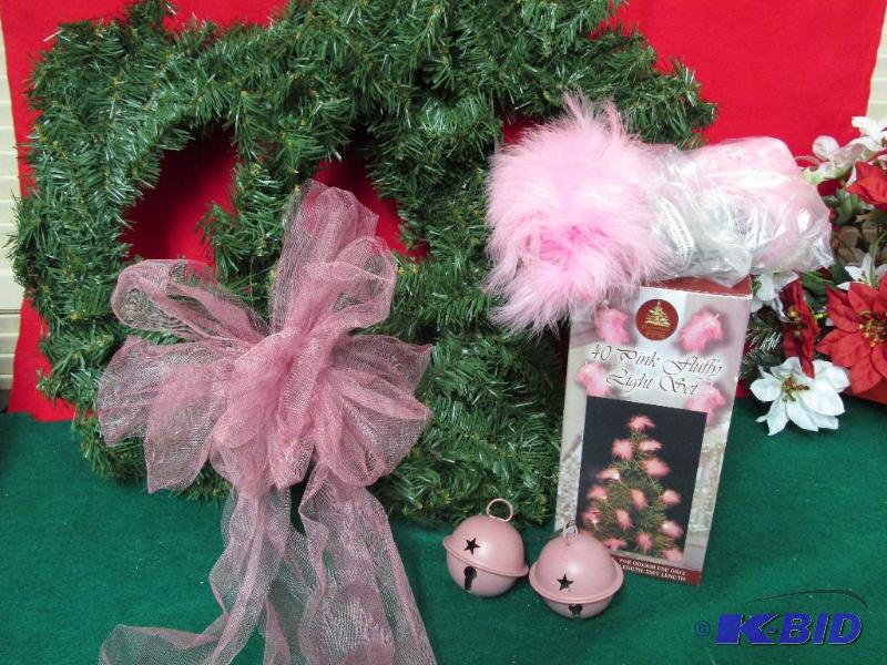 Lots of Greenery A Beautiful Pink Bow Lovely Feathered Pink LIghts And 2 Pink Bells