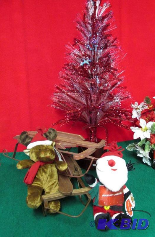 Unique Red Fluffy Fiber Optic Tree - Santa and Moose - Two Sleds