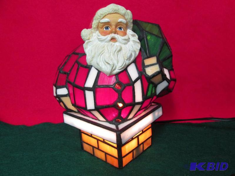 Stained Glass Santa going down the Chimney with his Bag