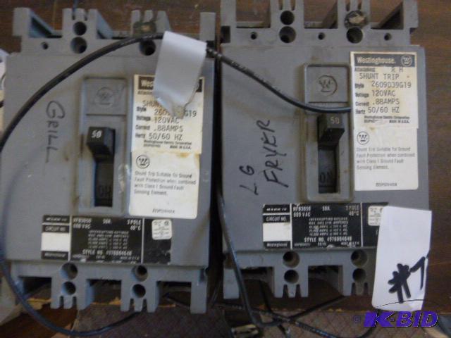 lot 72 image: Two Westinghouse Stunt Trip Breakers 50 amp....