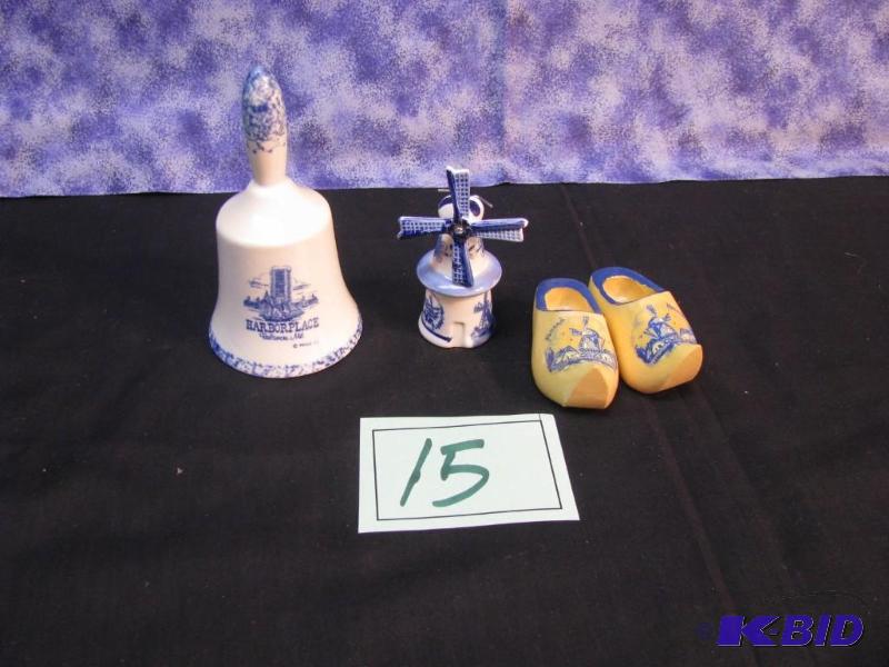 lot 15 image: dutch themed items windmill, bell and mini wo...