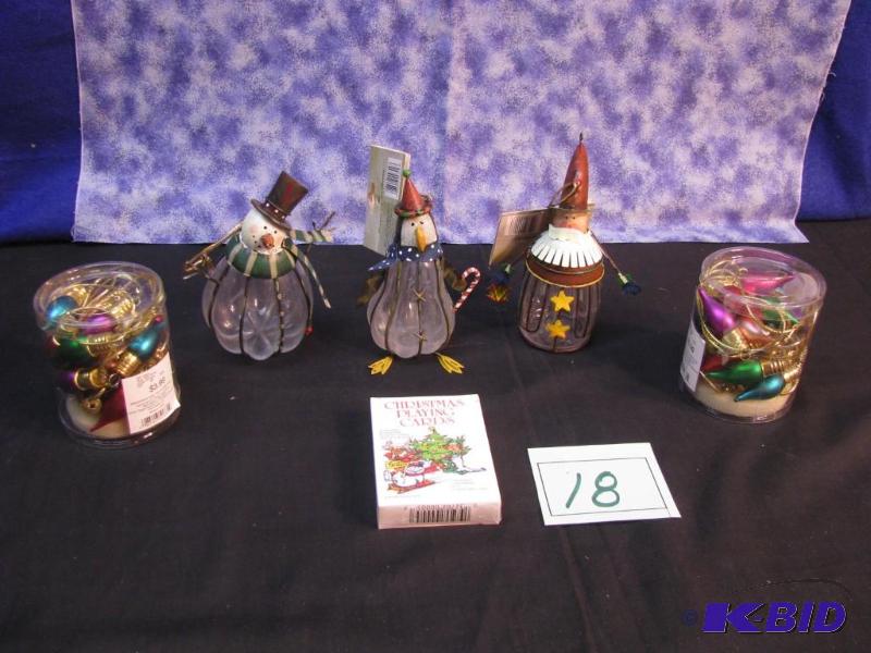 lot 18 image: three newer glass and metal snowmen, 2 pkts o...