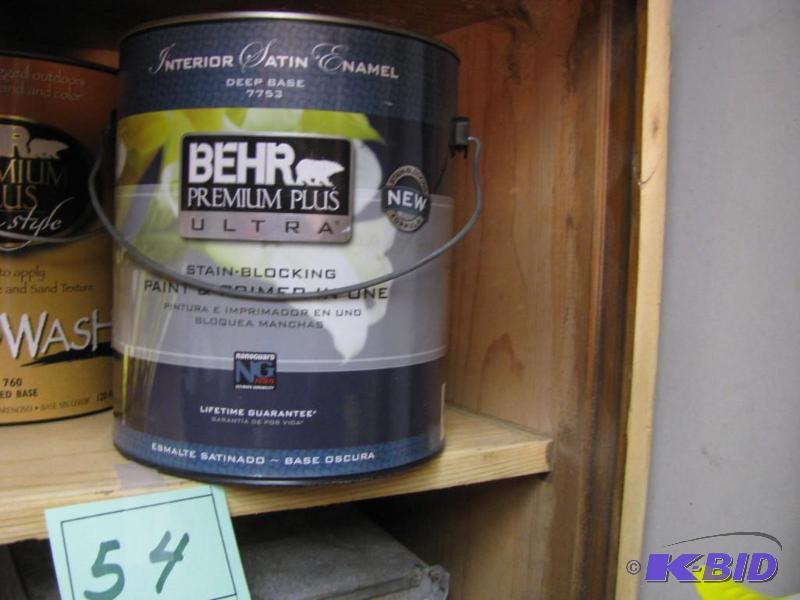 lot 54 image: one gallon of Behr interior satin enamel Behr...
