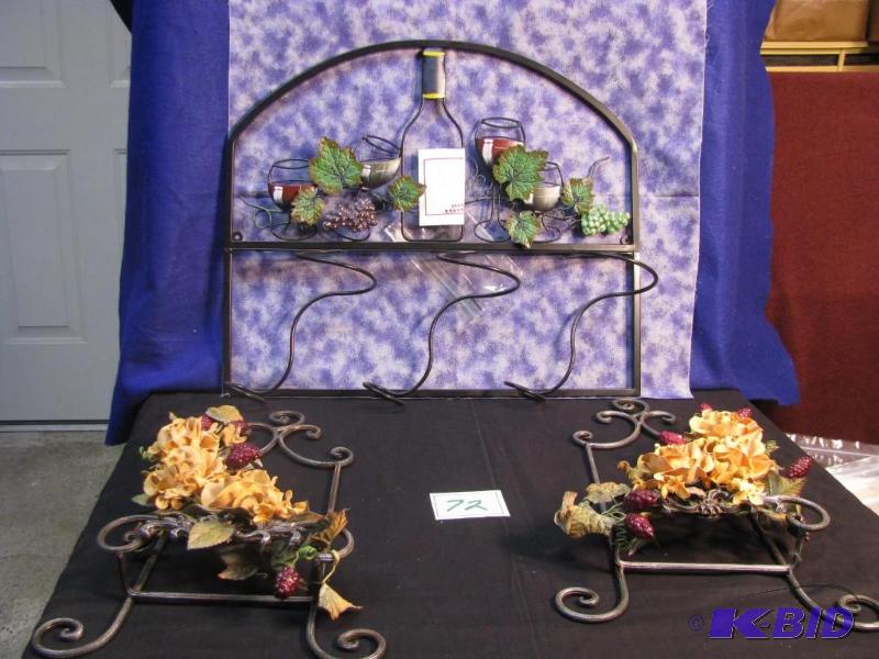 lot 72 image: Wine rack metal and two metal floral pieces o...