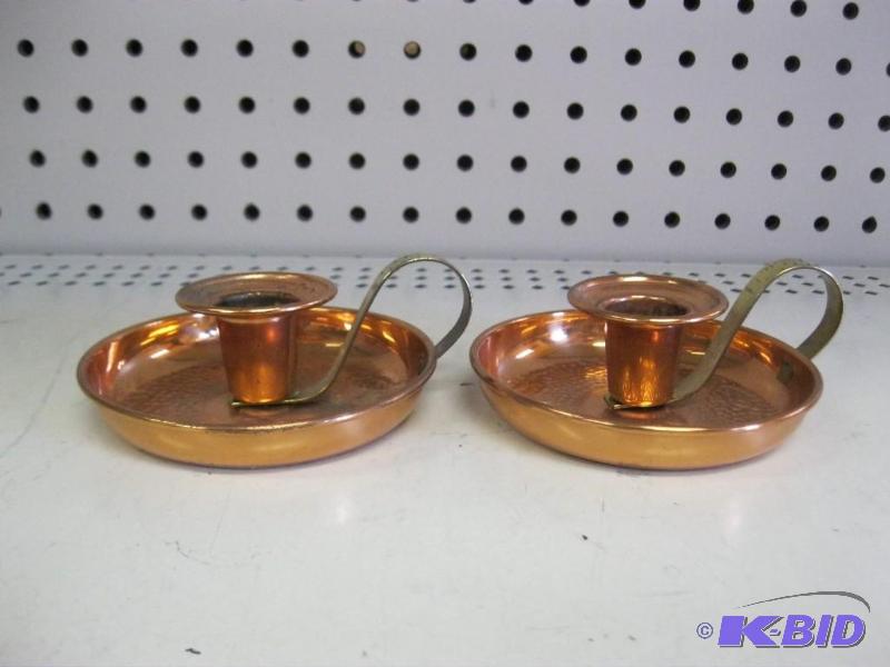 Pair Of Copper Tone Candlestick Holders...