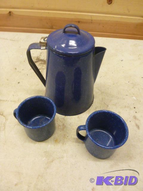 lot 199 image: Enamel Coffee Pot with Two Cups...