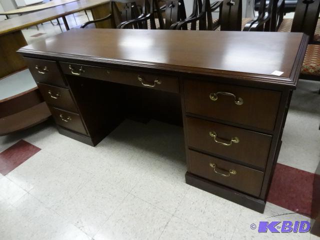 lot 38 image: Wood Office Desk. 7 Drawer 66 X 20 X 30...
