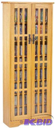 Leslie Dame M-477 High-Capacity Inlaid Glass Mission Style Multimedia Storage Cabinet, Oak