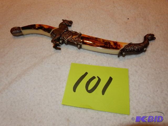 lot 101 image: Knife with Dragon handle and sheath.. 11in L...