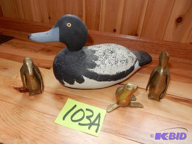 lot 103A image: Blue Bill Drake Decoy.. 3 Brass Penguins...
