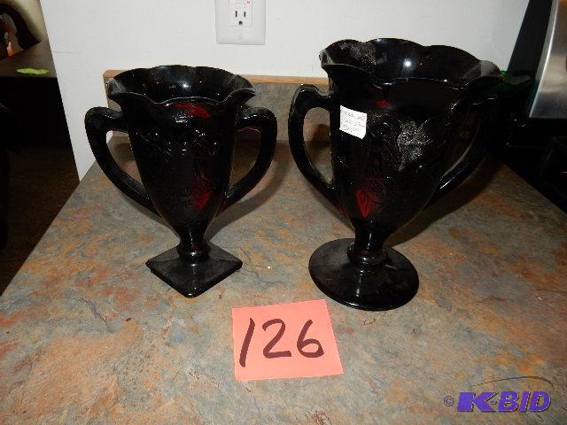 lot 126 image: 2 Black Glass Vases. &nbspThe tag says AMETH...