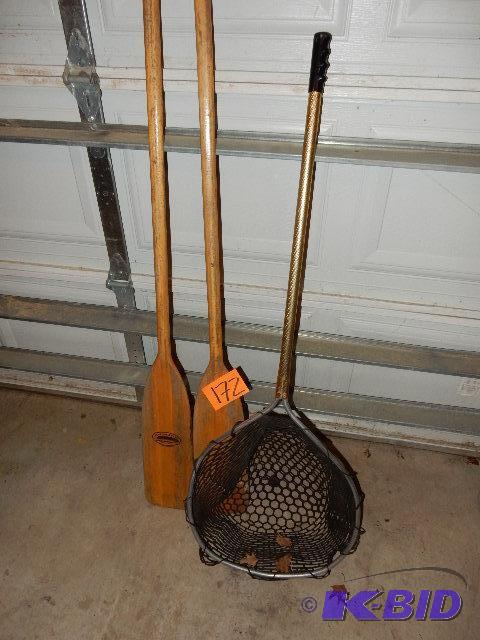 lot 172 image: 2 paddles and a landing net (one piece broken...