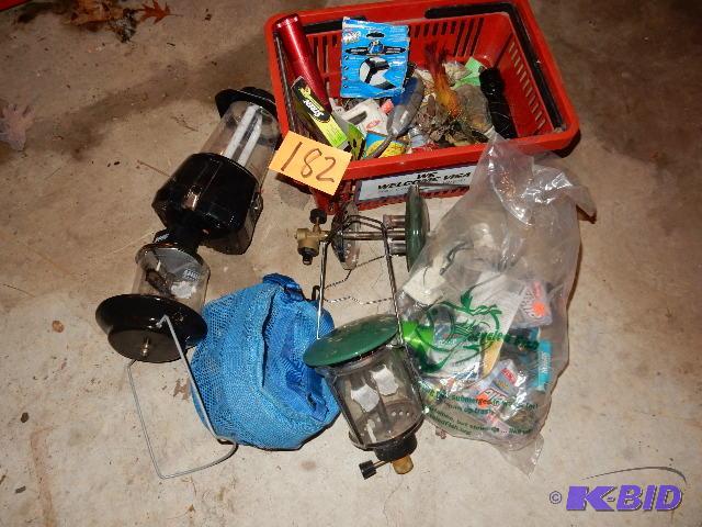 lot 182 image: Box of fishing items.. LP gas lanterns, Minno...