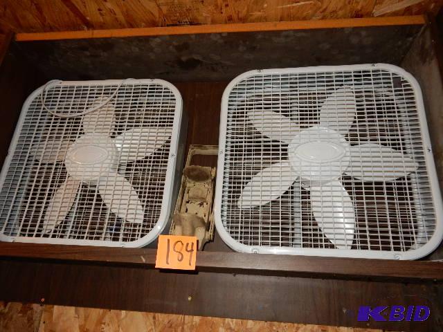 lot 184 image: 2 LASKO box fans.. Look like 21 in.. Can Crus...