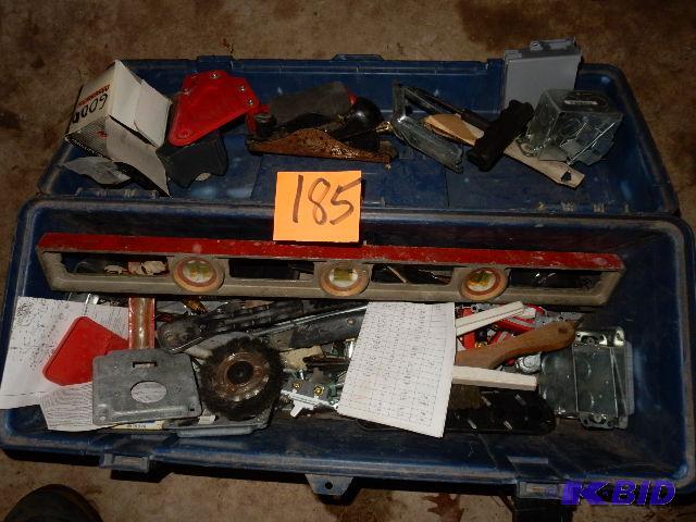 lot 185 image: Misc items in a 24in Plastic tool box.. Look ...