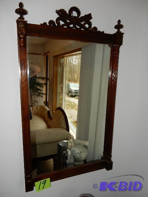 lot 19 image: Walnut Framed Mirror.. Great Carvings on top ...