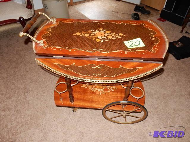 lot 20 image: Very ornate Tea Cart.. Wood Lacquered finish....