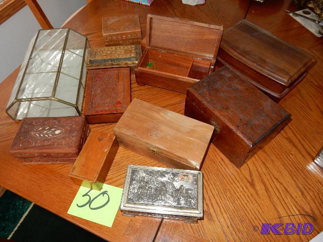 lot 30A image: Miscellaneous wood boxes. Glass wall shelf wi...