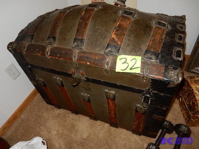lot 32 image: Old fashion Steamer Trunk with wood straps as...