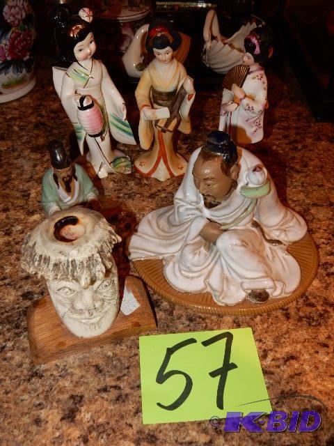 lot 57 image: 3 GEisha Statues, 2 Chinese man statues, carv...