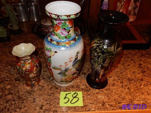 lot 58 image: 3 asian theme vases.. 15in, 14in, 10 in....