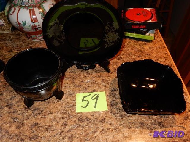 lot 59 image: 3, black glass pieces.. Plate and stand with ...