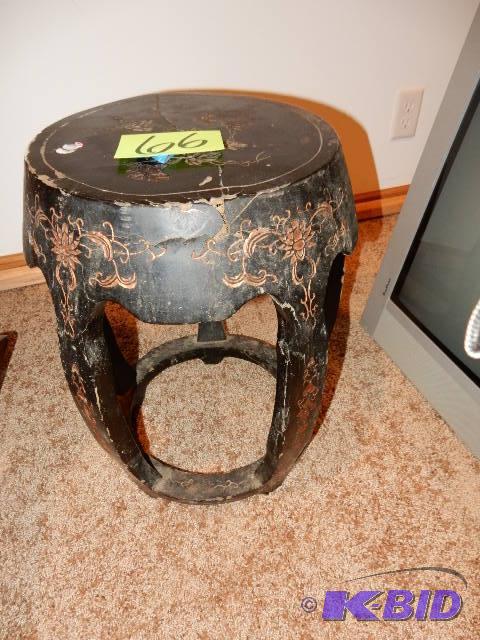 lot 66 image: Black Lacquer round Barrel type side table.. ...