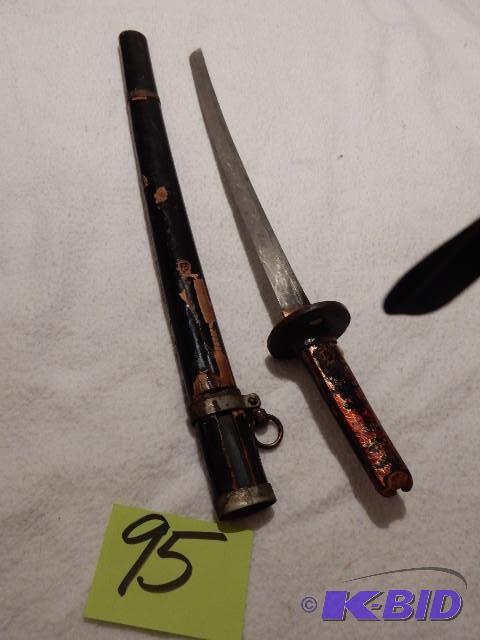 lot 95 image: Sword with wooden handle.. Wooden Sheath. 24i...