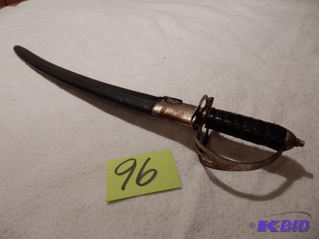lot 96 image: Curved Sword w hard leather Sheath and hand g...