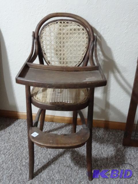 Wood Antique High Chair with Cane Material. 3...