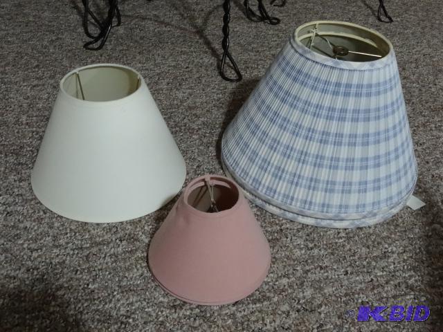 5 Lampshades. 2 Blue and White. 1 Small Pink....