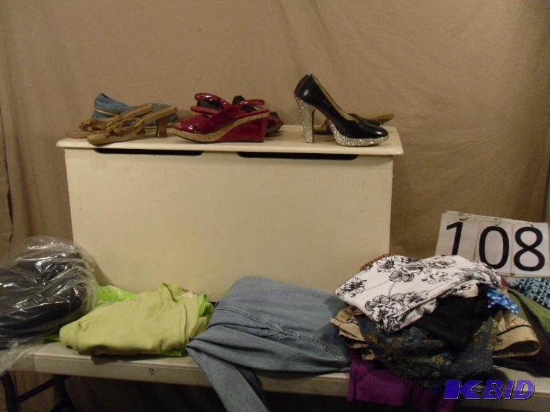 lot 108 image: Assorted Womens Shoes and Clothing in Wood To...