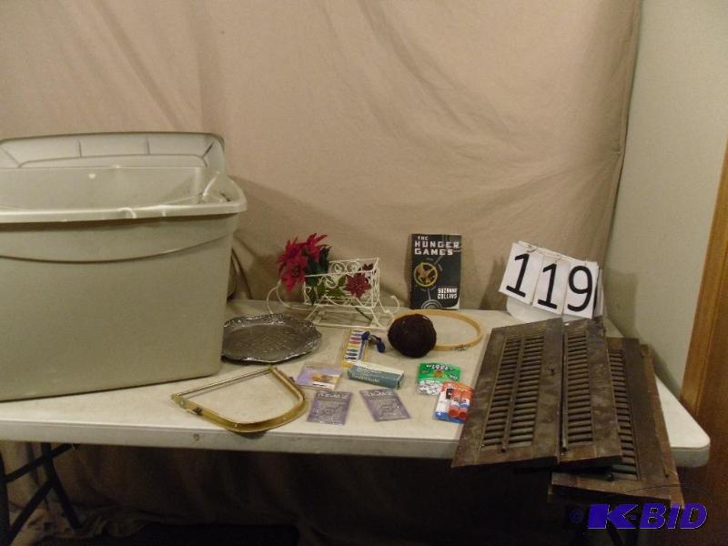 lot 119 image: Tote with Lid and Assorted Crafts Supplies. W...