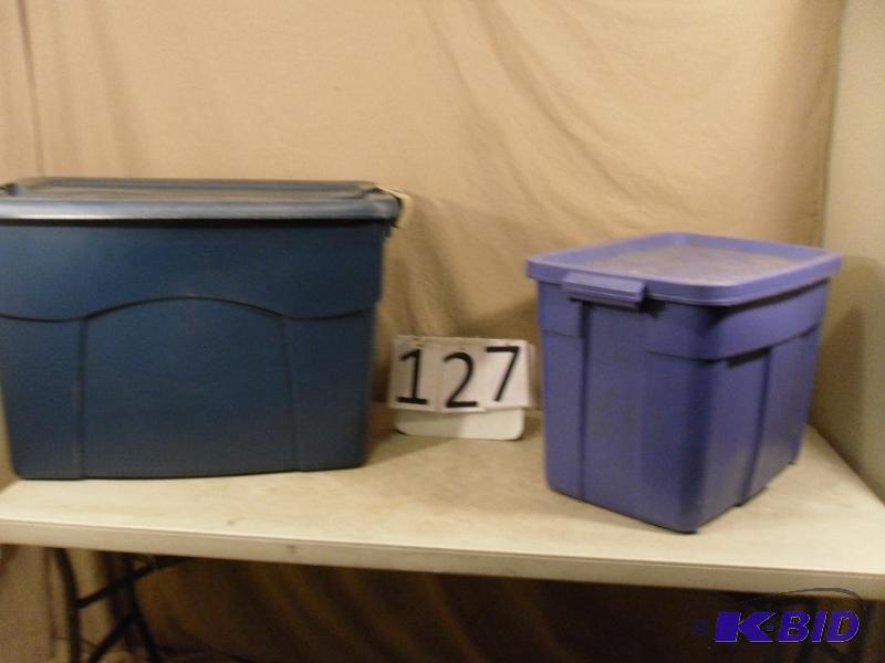 lot 127 image: 2 Assorted Totes with Lids. Both need cleanin...