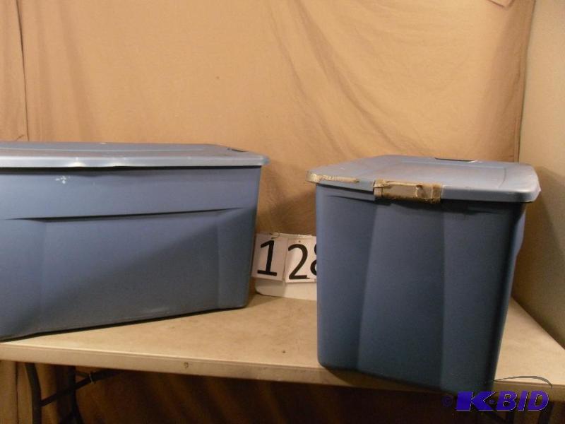 lot 128 image: Lot of 2 35 Gallon Totes with Lids. Both need...