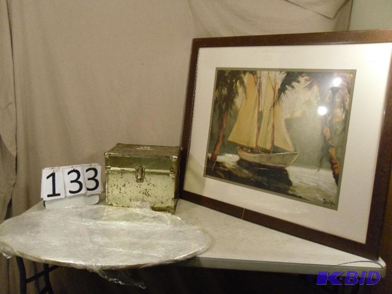 lot 133 image: Large Framed Sailboat Picture, Large Oval Mir...