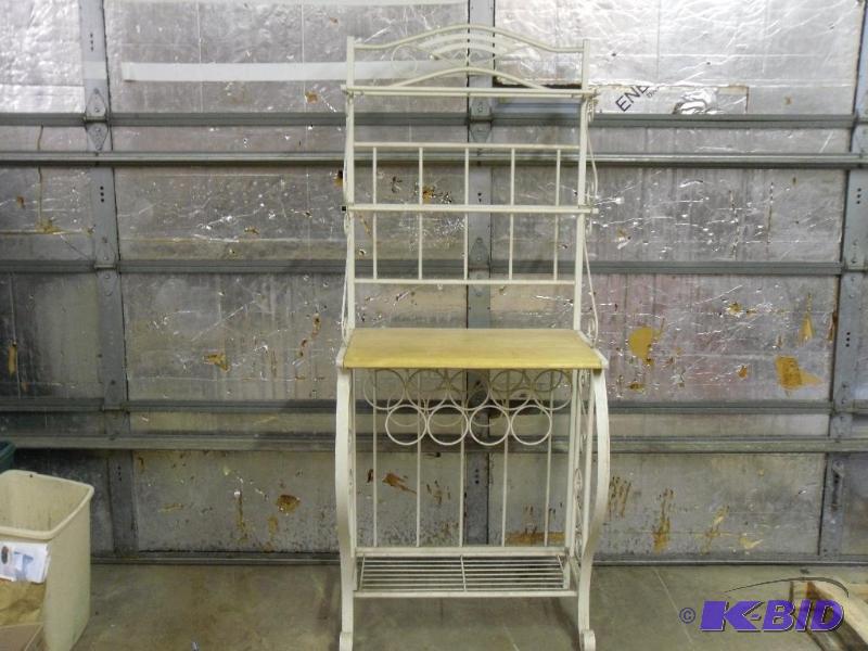 lot 134 image: Metal and Wood Bakers Rack with Shelves and W...