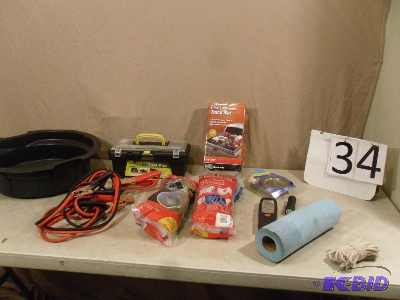 lot 34 image: Oil Pan, Plastic Tool Box, Truck Net, LED Han...