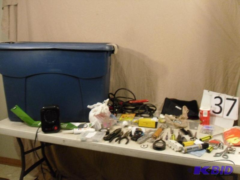 lot 37 image: Large Tote with Locking Lid, Jumper Cables, H...