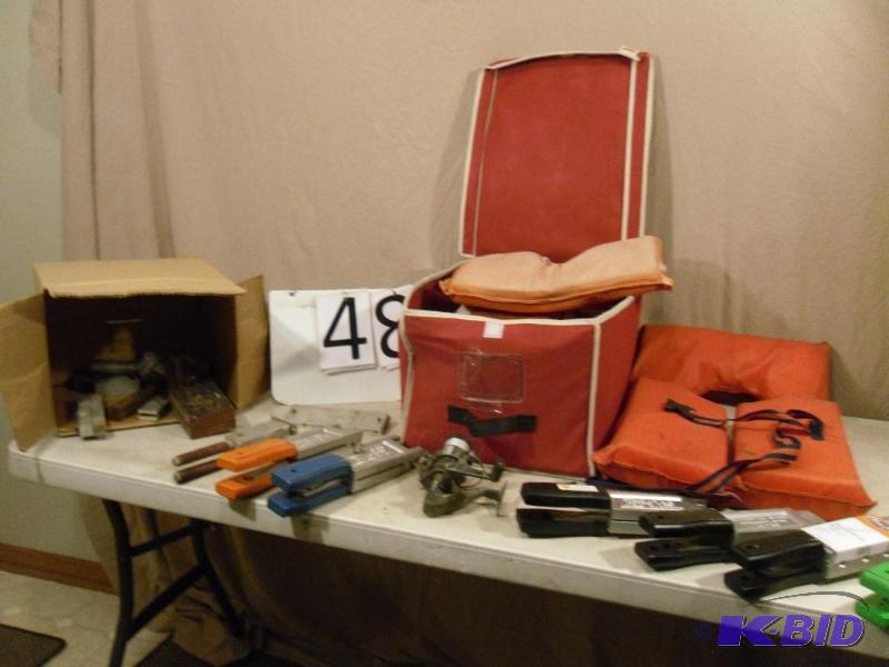 lot 48 image: Life Jackets, Bin, Jig Molds, and More....