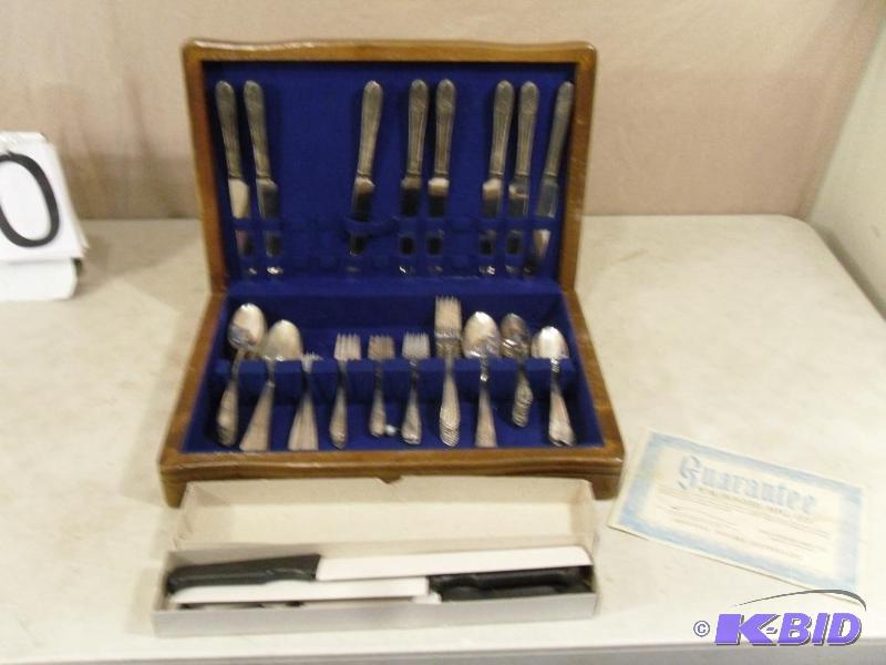lot 60 image: Wood Box With Assorted Silverware. Royal Saxo...