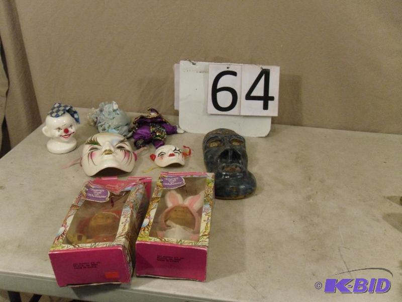 lot 64 image: Lot of 3 Masks, 3 Clowns, and 2 Vintage Troll...