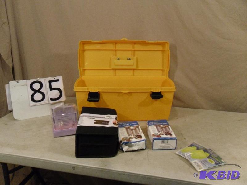 lot 85 image: Plastic Toolbox, 2 New Kids Ponchos, Coin Cou...
