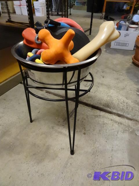 lot 129 image: Metal Dog Dish and Stand, Dog Chew Toys and R...