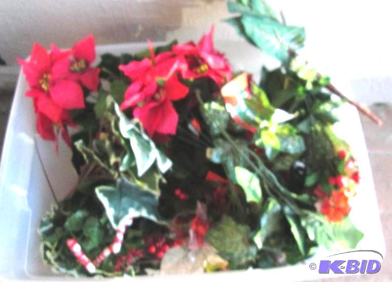 Plastic bin opf artificial pointsettias and f...