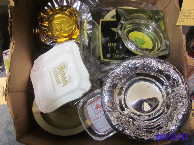 Large box of vintage ash trays, some with adv...