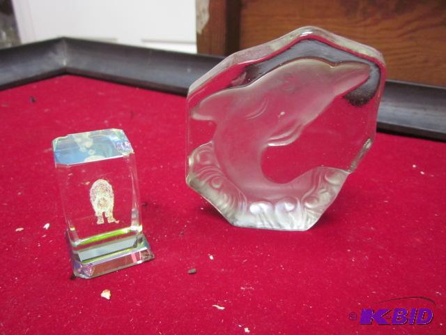 Lot of (2) glass paper weights, dolphin and l...
