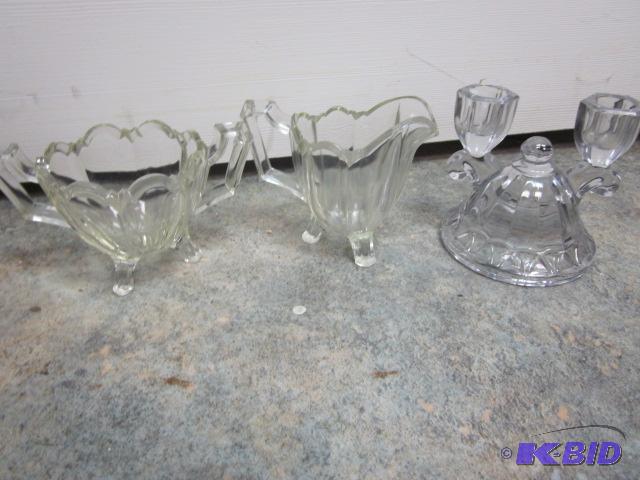 Antique glass cream, sugar, and candle holder...