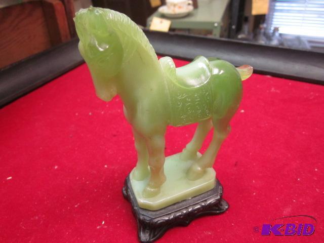 6 inch carved Jade horse on wood base.&nbsp ...