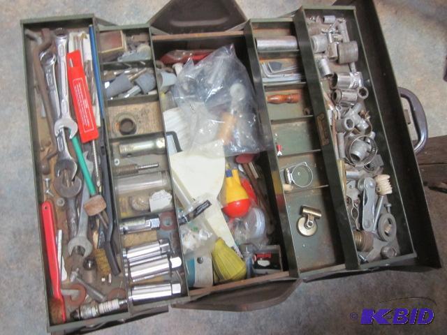 Vintage metal tool box with supplies.  &nbsp...
